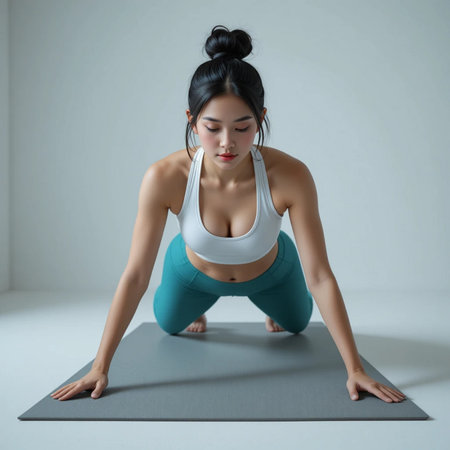Beautiful young Asian woman practicing yoga on mat in studio.の素材