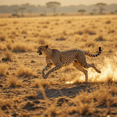Cheetah runs in the savannah at sunset in Namibiaの素材