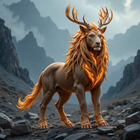 3D rendering of a female lion in a fantasy landscape with mountainsの素材