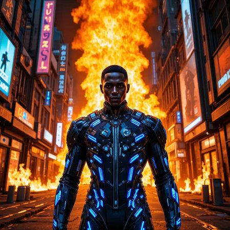 Cyborg man in futuristic suit with burning fire on the background.の素材
