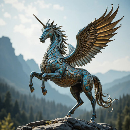 Fantasy bronze unicorn on the rocks in the mountains. 3d renderingの素材