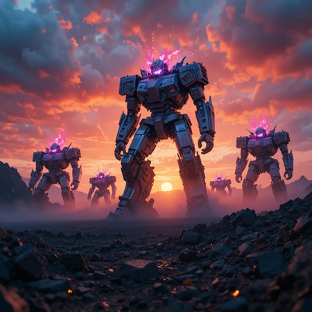 Futuristic robot with fire on the background of the sunset.の素材