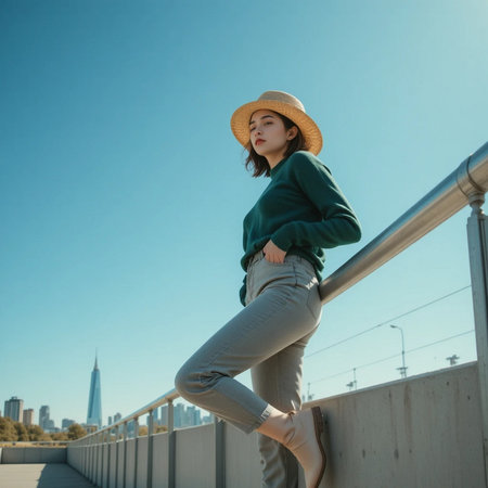 Portrait of a beautiful Asian woman wearing green sweater and hat standing on the bridgeの素材