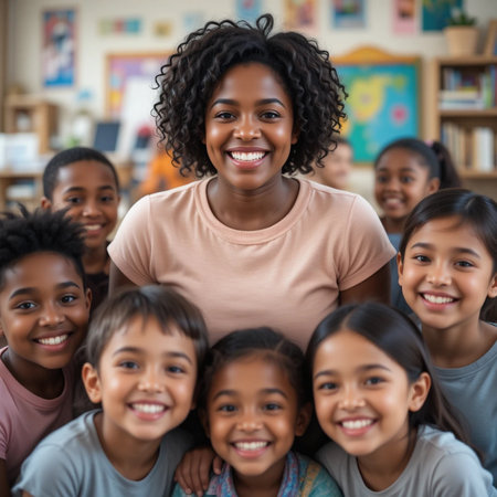 Portrait of smiling teacher and pupils in classroom at the elementary schoolの素材