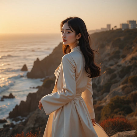 Portrait of a beautiful Asian woman in white coat on the beach at sunsetの素材