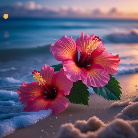 Hibiscus flower on the beach with sea and sunset backgroundの素材