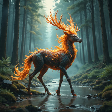 Deer in the forest. 3D rendering. Fantasy forest.の素材