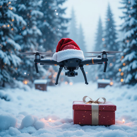 Drone with a Christmas gift on a background of a winter forest.の素材