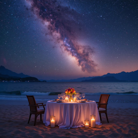 Romantic dinner on the beach at night with starry sky.の素材