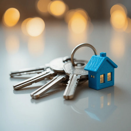 House keys with keychain in the shape of a house on a white background.の素材