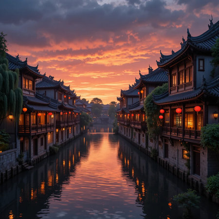 Sunset view of ancient town in Suzhou, Jiangxi, Chinaの素材
