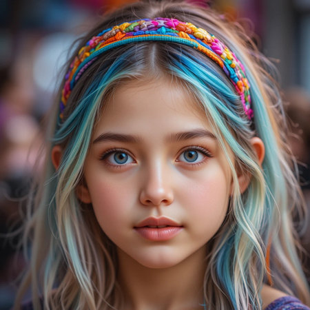 Portrait of a little girl with blue hair and bright make-upの素材