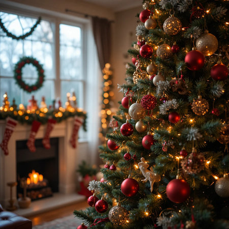 Christmas tree with red and gold balls on the background of the fireplaceの素材