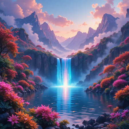 Fantasy landscape with waterfall in the middle of the forest and colorful flowers.の素材