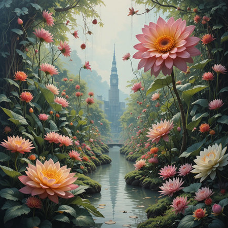 Lotus flower in the garden with church background, vintage style.の素材