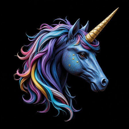 Unicorn with multicolored hair on a black background.の素材