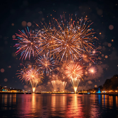 Colorful fireworks of various colors over night sky with reflection on waterの素材