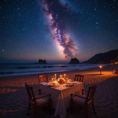 Romantic dinner on the beach at night with starry sky.の素材