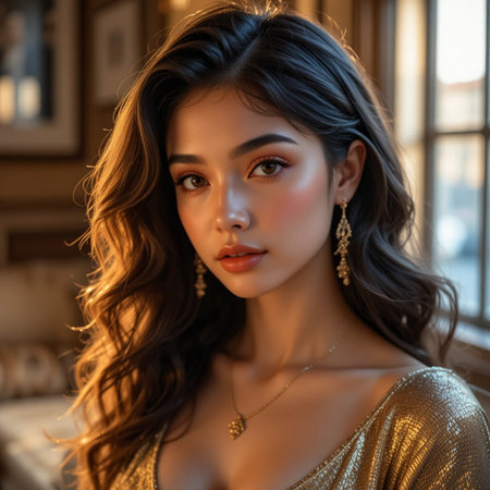 fashion interior photo of beautiful sensual woman with dark hair in luxurious dress and accessoriesの素材