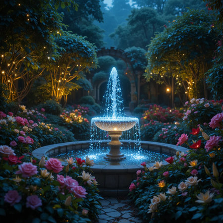Fountain in the garden at night with beautiful light and fog.の素材