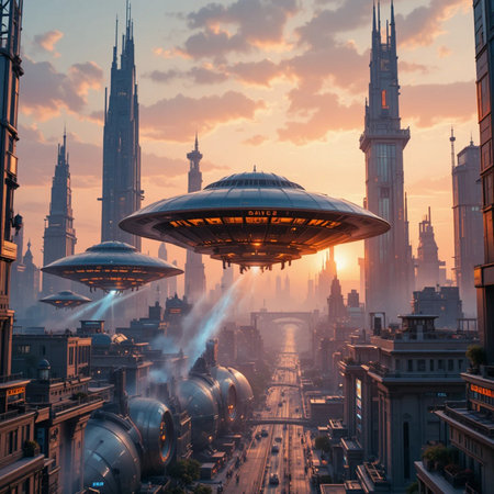 Futuristic UFO flying over the city. 3D Renderingの素材