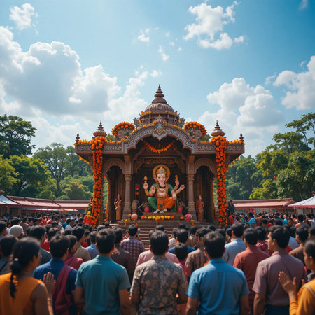 Devotees worshiping Lord Ganesha statue in Kolkata, West Bengal, Indiaの素材