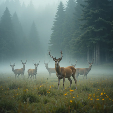 Mule Deer (Cervus elaphus) in the mist.の素材