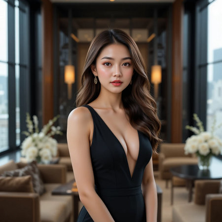 Portrait of beautiful young Asian woman model in black dress.の素材