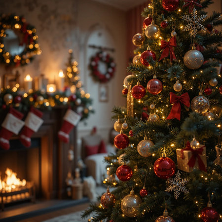 Christmas tree with red and white baubles, gifts and fireplace in backgroundの素材