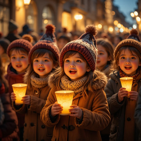 Cute little children with candles on Christmas market in Vilnius, Lithuaniaの素材
