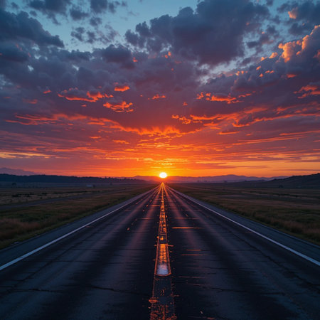 Sunset over the highway in Colorado, United States of America.の素材