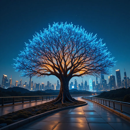 Futuristic tree in the city at night. 3d renderingの素材