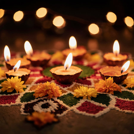 Happy Diwali - Clay Diya lamps lit during Diwali celebrationの素材