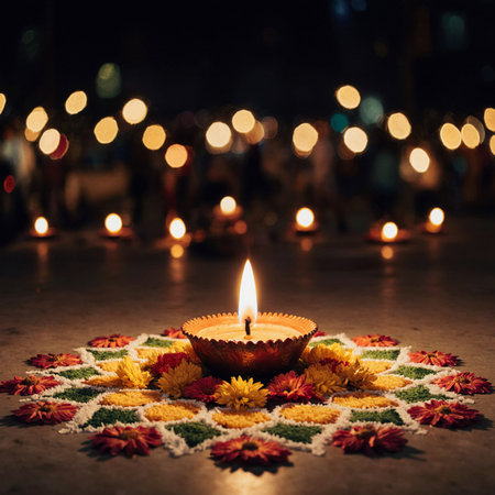 Indian festival Diwali, Diya oil lamps lit at nightの素材