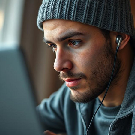 Portrait of a young man with headphones and a laptop at homeの素材