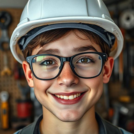 Portrait of a smiling boy in a construction helmet and glasses.の素材