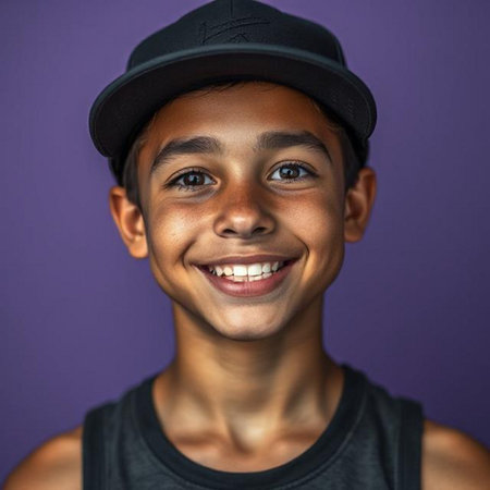 Portrait of a smiling teenage boy with cap against purple background.の素材