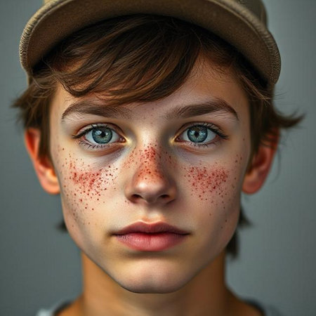 Close-up portrait of a boy with freckles on his faceの素材