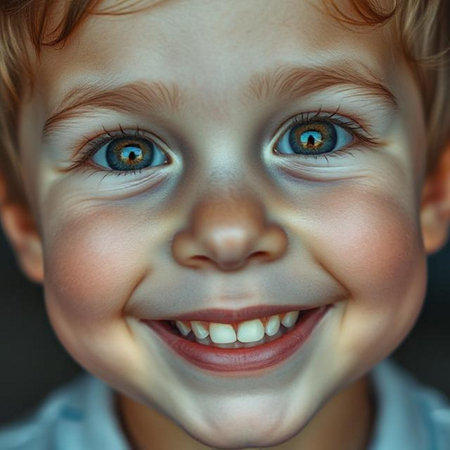 Close-up portrait of a smiling little boy with blue eyes.の素材