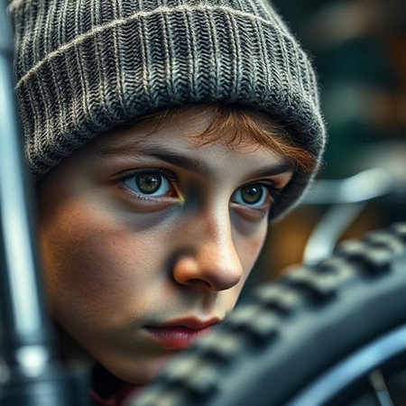 Close-up portrait of a girl in a hat with a bicycle.の素材