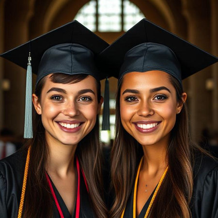 Closeup portrait of two happy female college graduates smiling at camera.の素材