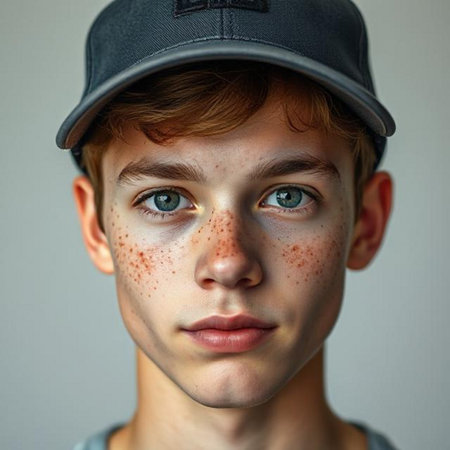 Portrait of a boy with freckles on his face in a baseball cap.の素材