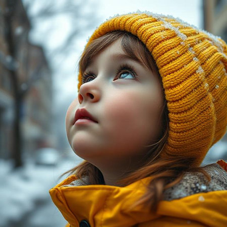 Beautiful little girl in a yellow hat on a background of winter streetの素材