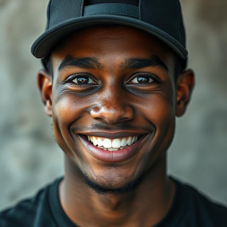 Close up portrait of a smiling African American man in baseball capの素材