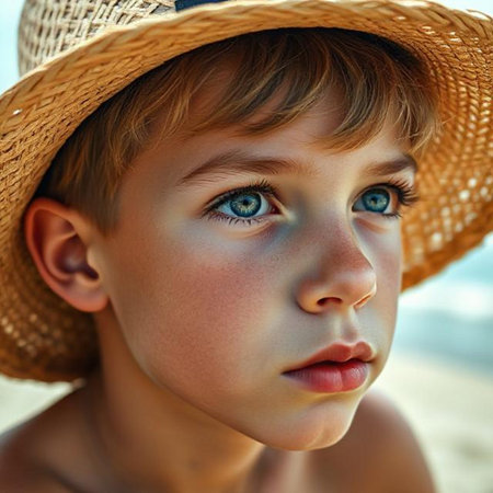 Close-up portrait of a boy in a hat on the beachの素材