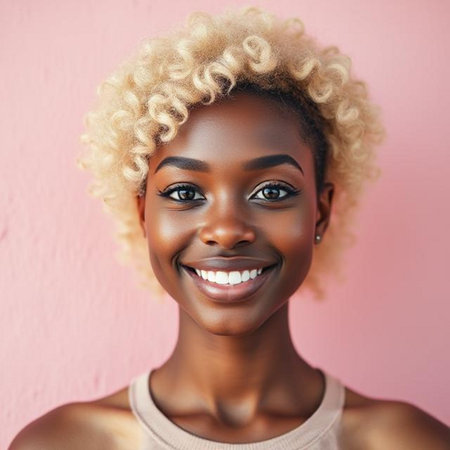 young pretty african american woman with curly hair posing cheerful on pink background, lifestyle people conceptの素材
