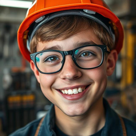 Portrait of a smiling young boy in a construction helmet and glassesの素材
