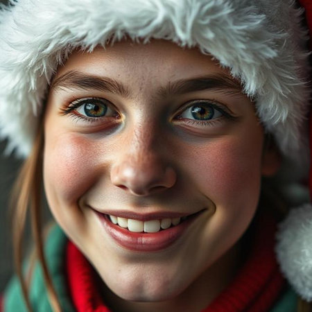 Close-up portrait of a young girl in a Santa Claus hatの素材