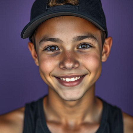 Portrait of a boy with cap smiling at camera against purple backgroundの素材