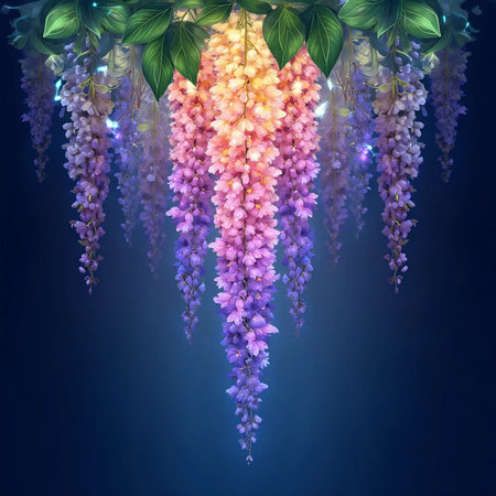 Wisteria flowers on a dark blue background. Illustration.の素材